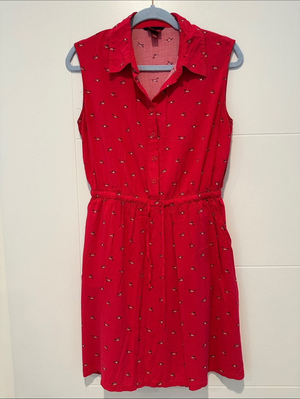 Sleeveless pink Button-Front Drawstring Waist Dress with pockets!